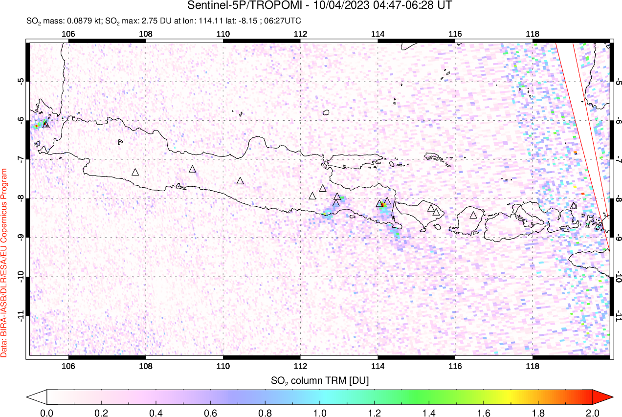 A sulfur dioxide image over Java, Indonesia on Oct 04, 2023.