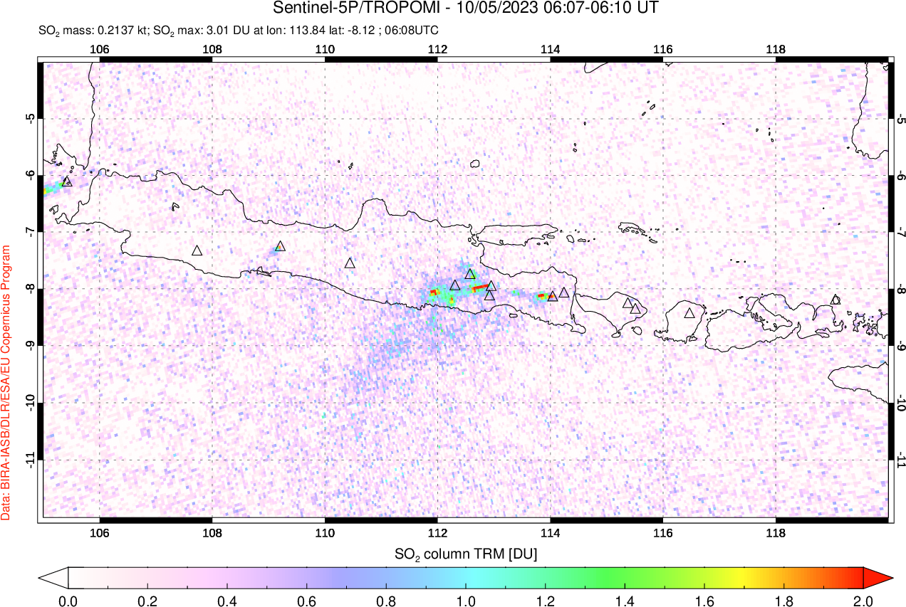 A sulfur dioxide image over Java, Indonesia on Oct 05, 2023.