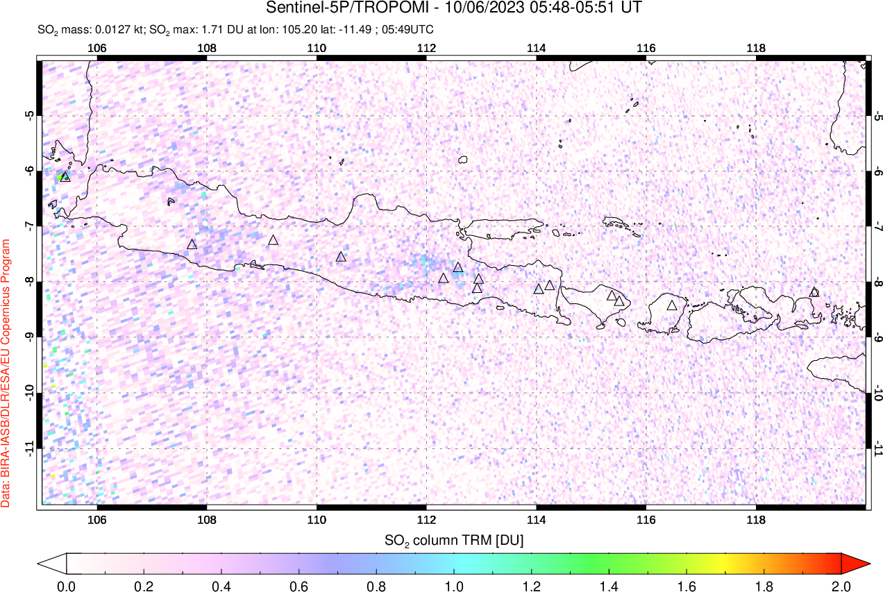 A sulfur dioxide image over Java, Indonesia on Oct 06, 2023.