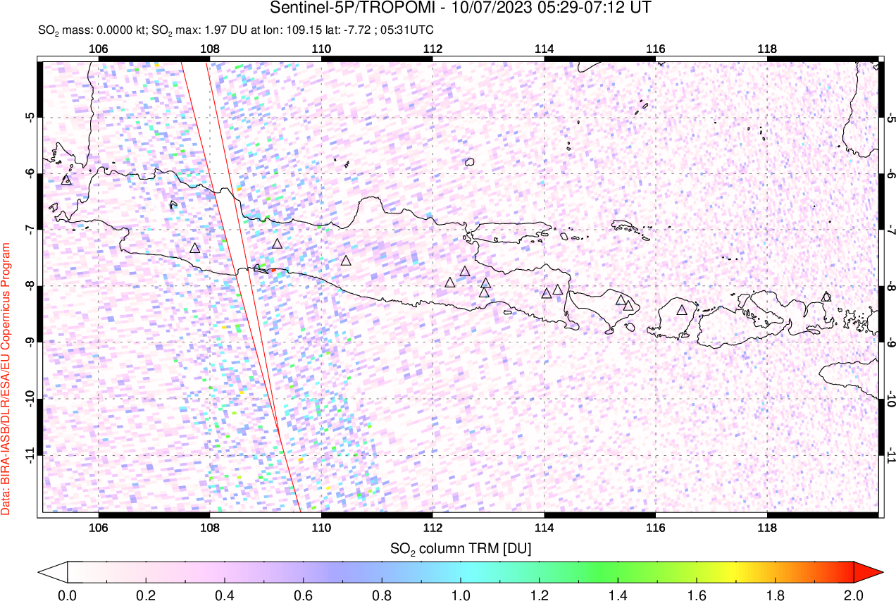 A sulfur dioxide image over Java, Indonesia on Oct 07, 2023.