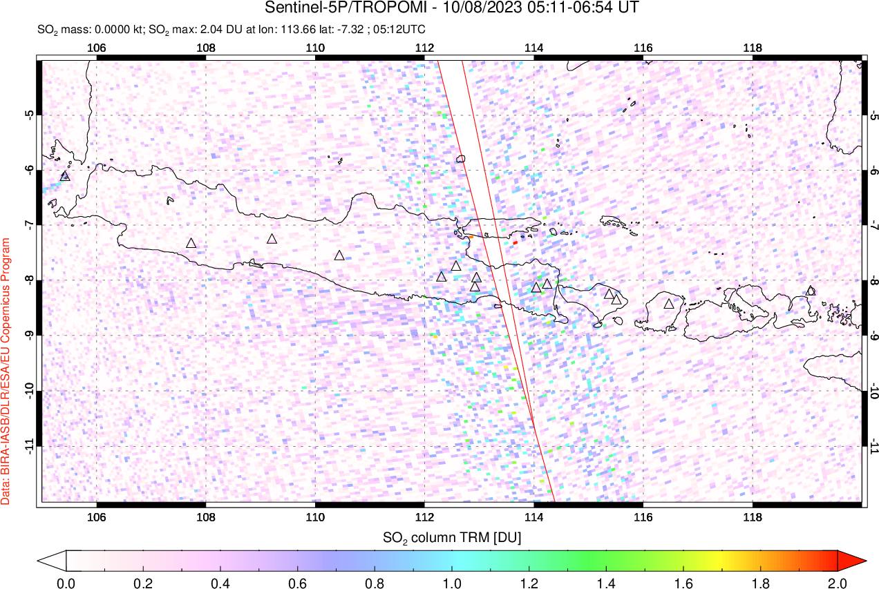 A sulfur dioxide image over Java, Indonesia on Oct 08, 2023.