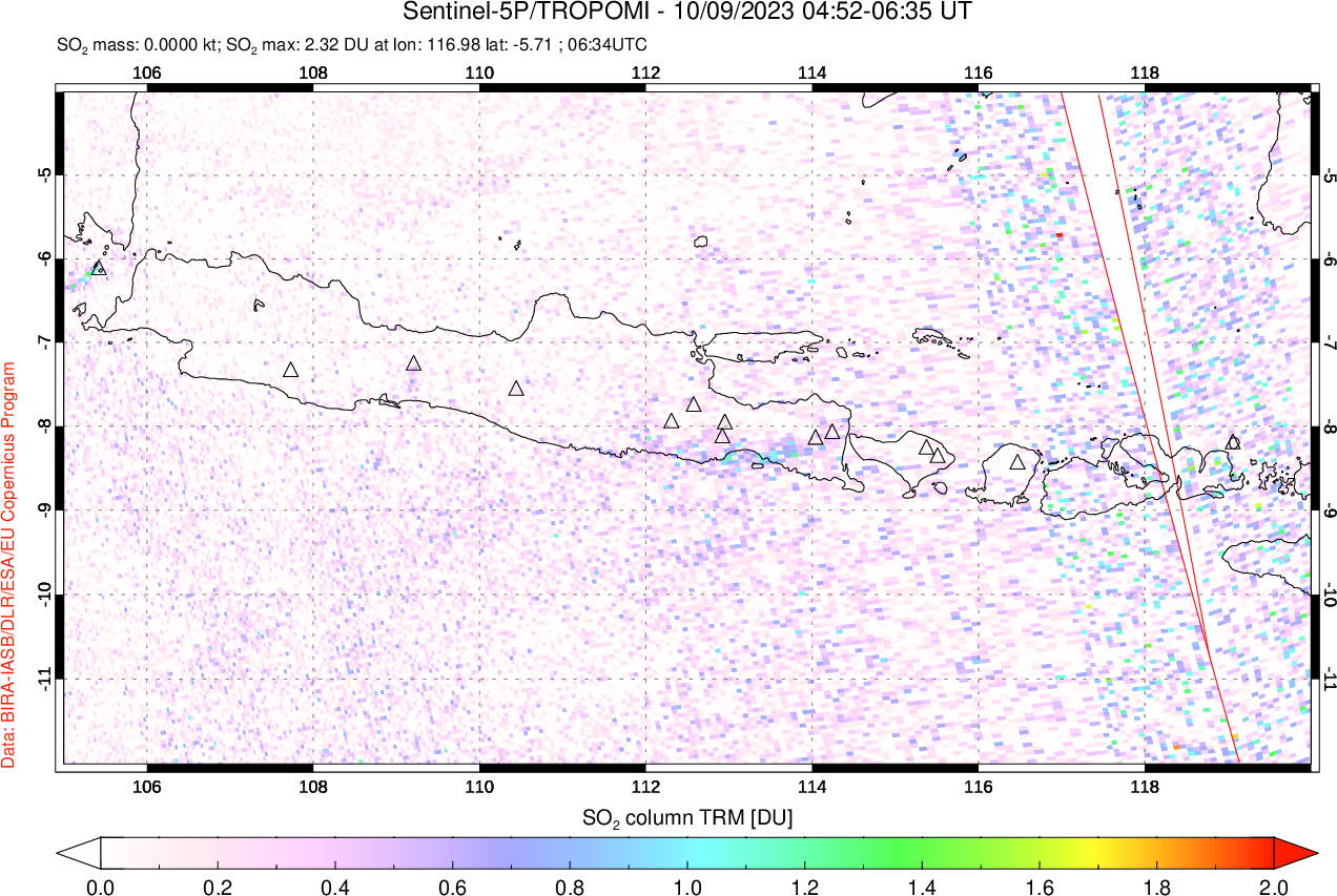 A sulfur dioxide image over Java, Indonesia on Oct 09, 2023.