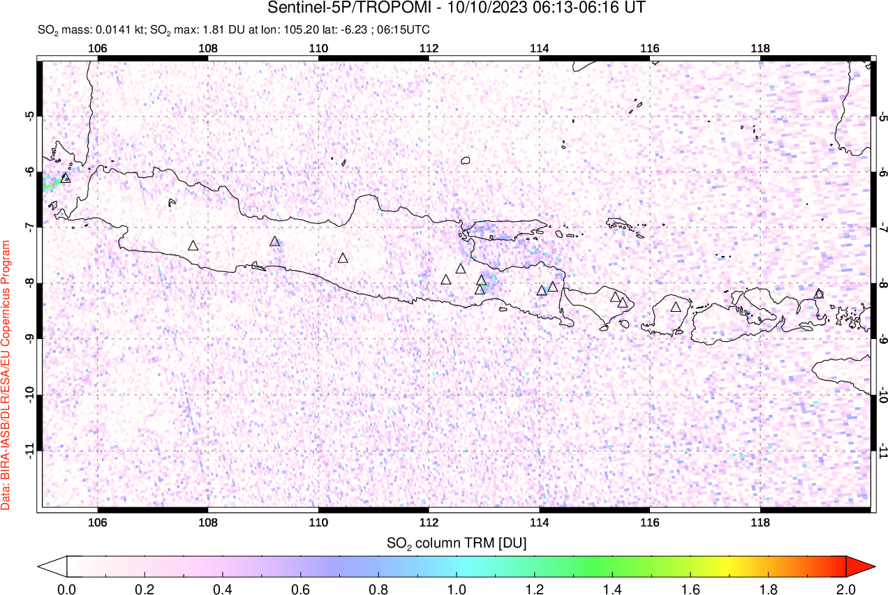 A sulfur dioxide image over Java, Indonesia on Oct 10, 2023.