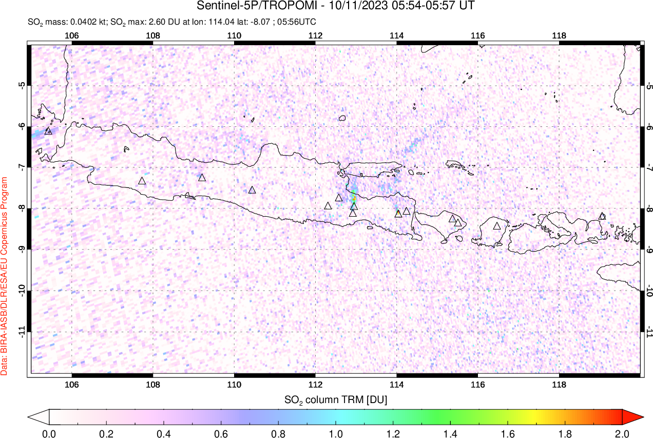 A sulfur dioxide image over Java, Indonesia on Oct 11, 2023.