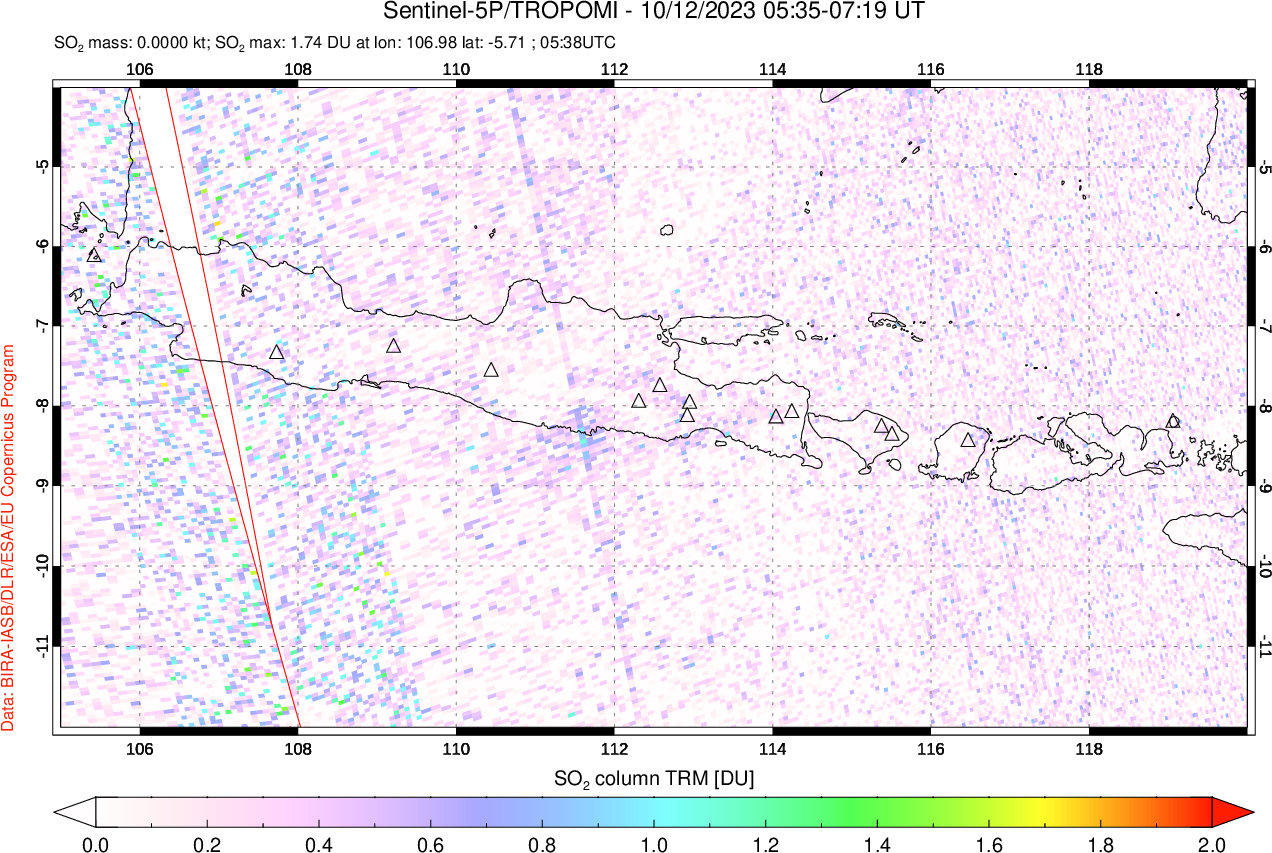 A sulfur dioxide image over Java, Indonesia on Oct 12, 2023.