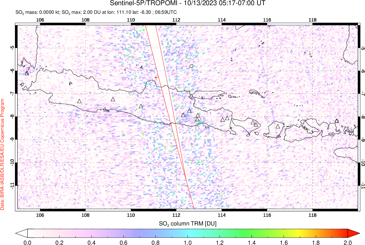 A sulfur dioxide image over Java, Indonesia on Oct 13, 2023.