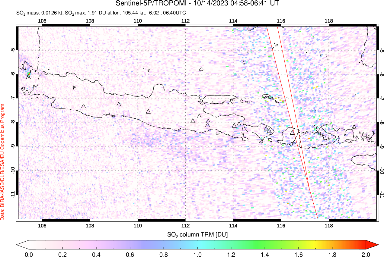 A sulfur dioxide image over Java, Indonesia on Oct 14, 2023.