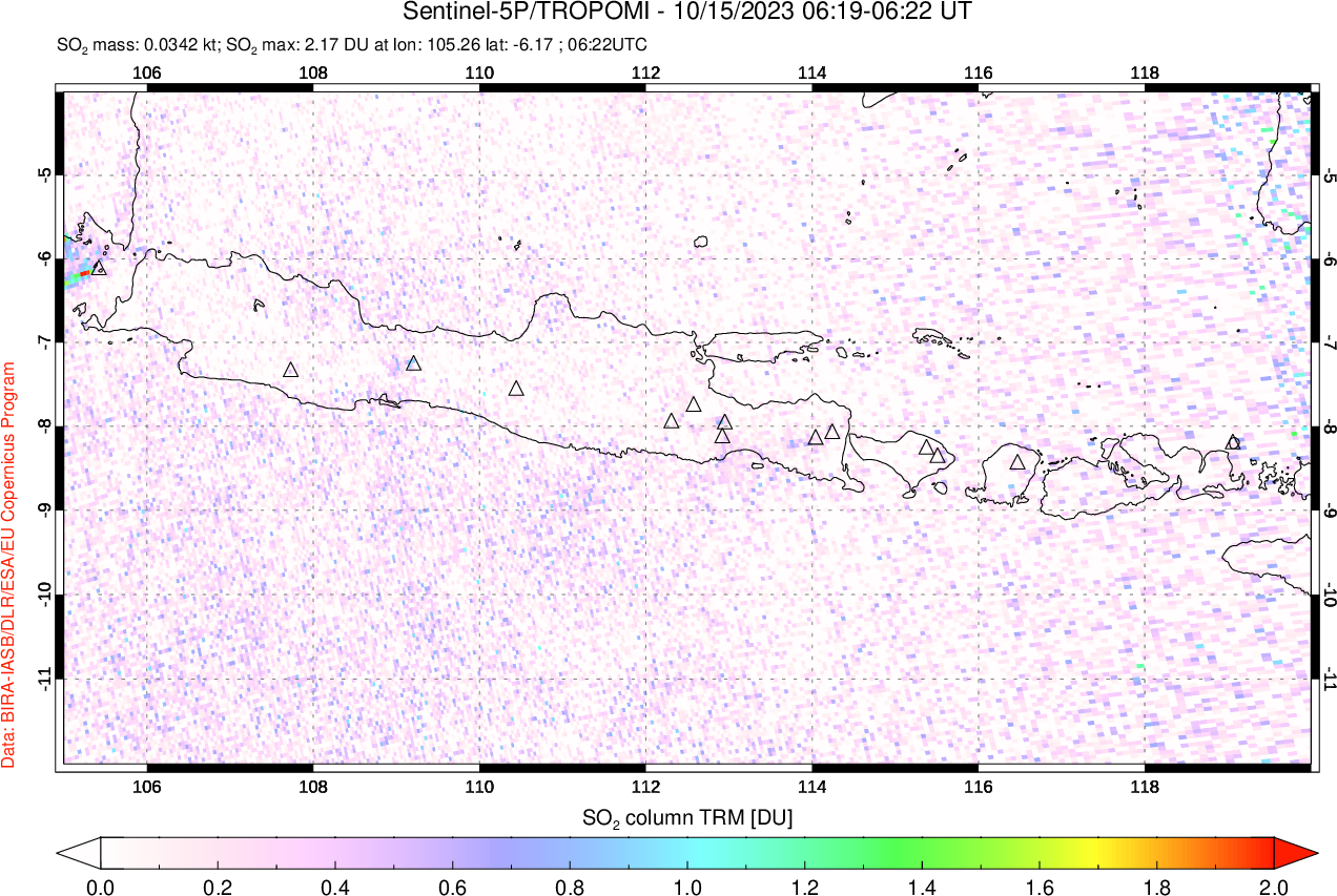 A sulfur dioxide image over Java, Indonesia on Oct 15, 2023.