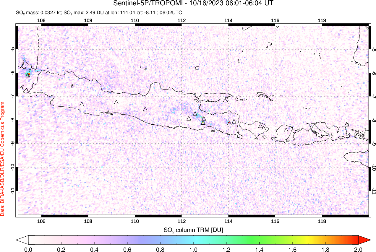 A sulfur dioxide image over Java, Indonesia on Oct 16, 2023.