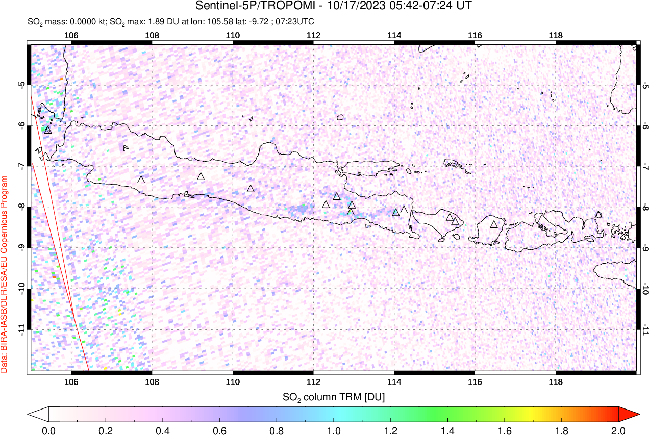 A sulfur dioxide image over Java, Indonesia on Oct 17, 2023.