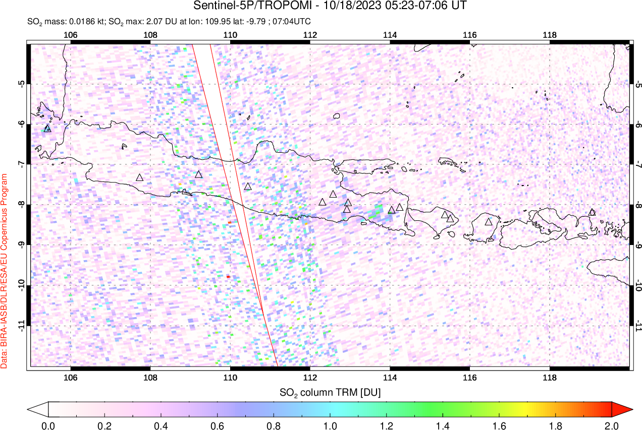 A sulfur dioxide image over Java, Indonesia on Oct 18, 2023.