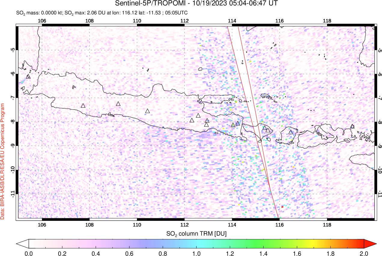 A sulfur dioxide image over Java, Indonesia on Oct 19, 2023.