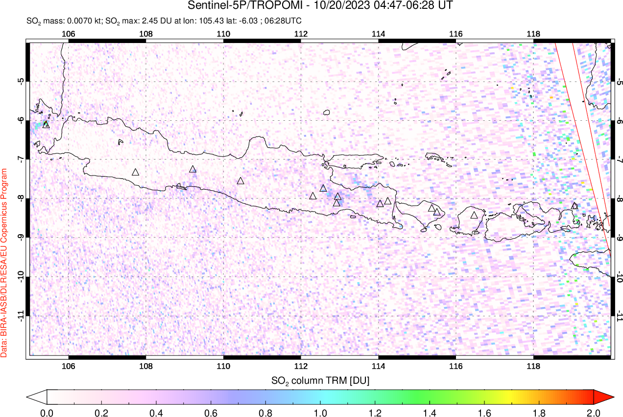 A sulfur dioxide image over Java, Indonesia on Oct 20, 2023.