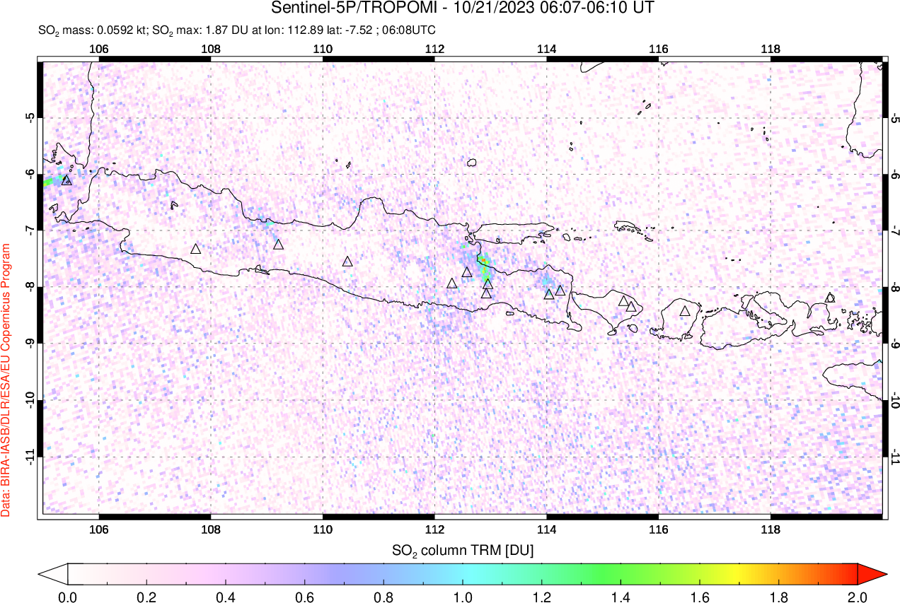 A sulfur dioxide image over Java, Indonesia on Oct 21, 2023.