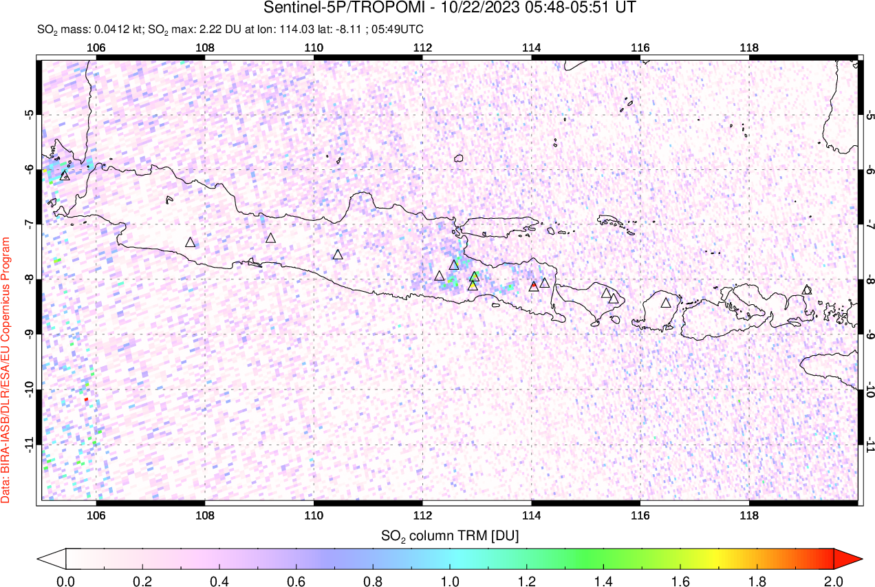 A sulfur dioxide image over Java, Indonesia on Oct 22, 2023.