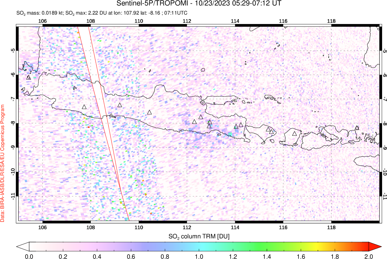 A sulfur dioxide image over Java, Indonesia on Oct 23, 2023.