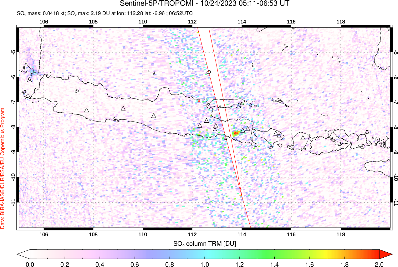 A sulfur dioxide image over Java, Indonesia on Oct 24, 2023.