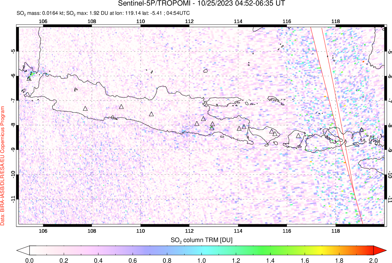 A sulfur dioxide image over Java, Indonesia on Oct 25, 2023.