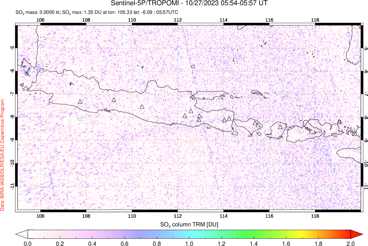 A sulfur dioxide image over Java, Indonesia on Oct 27, 2023.