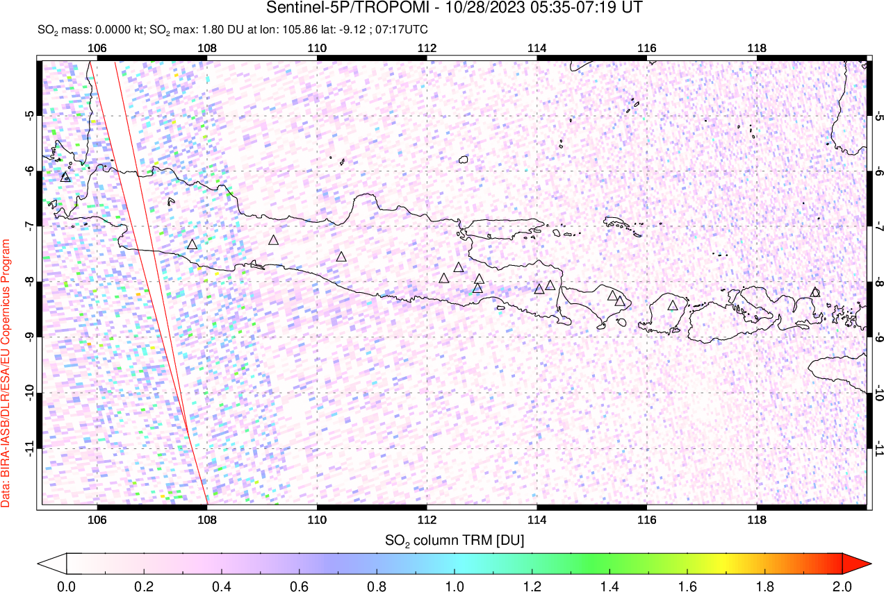 A sulfur dioxide image over Java, Indonesia on Oct 28, 2023.