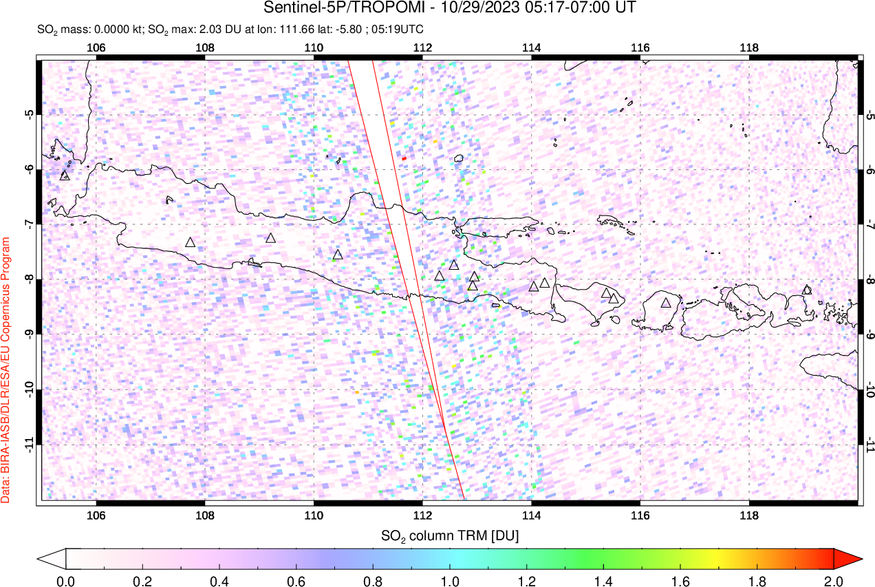 A sulfur dioxide image over Java, Indonesia on Oct 29, 2023.