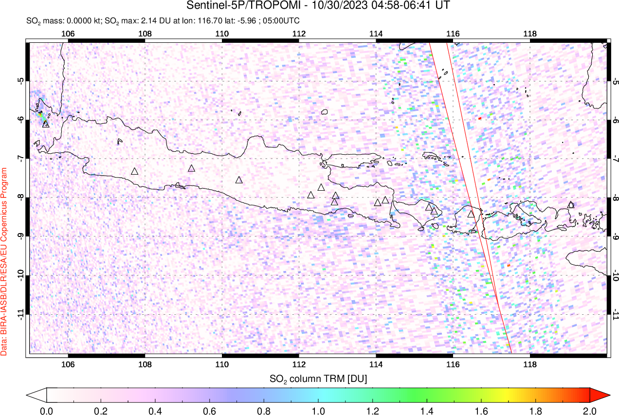 A sulfur dioxide image over Java, Indonesia on Oct 30, 2023.