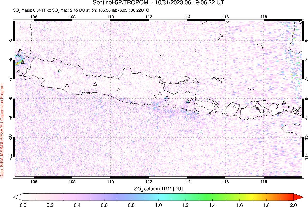 A sulfur dioxide image over Java, Indonesia on Oct 31, 2023.