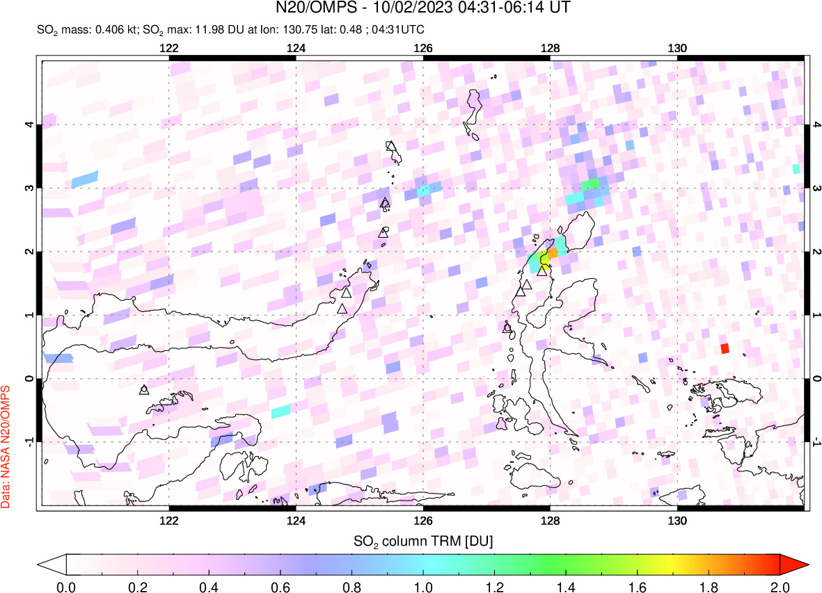 A sulfur dioxide image over Northern Sulawesi & Halmahera, Indonesia on Oct 02, 2023.