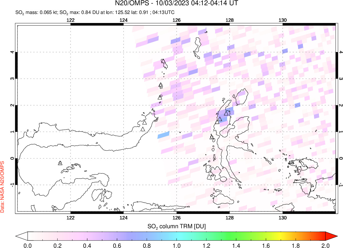 A sulfur dioxide image over Northern Sulawesi & Halmahera, Indonesia on Oct 03, 2023.