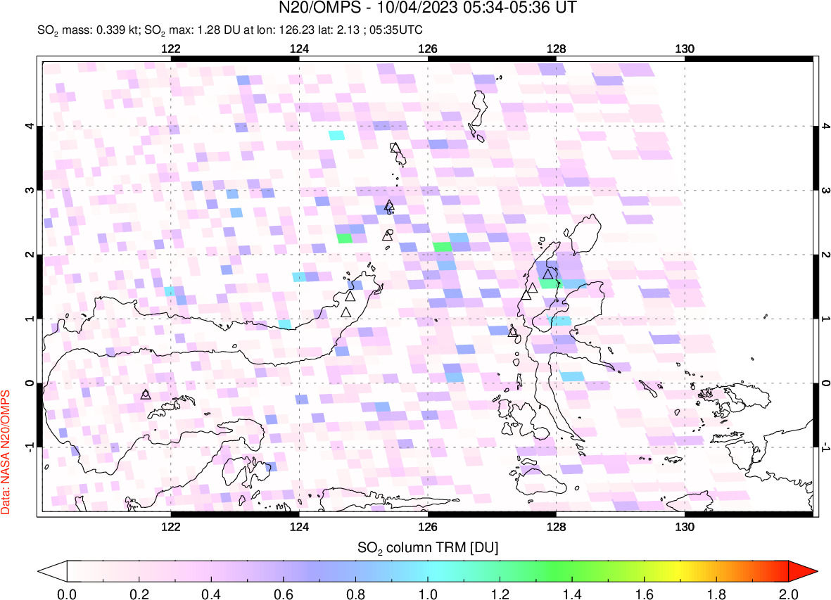 A sulfur dioxide image over Northern Sulawesi & Halmahera, Indonesia on Oct 04, 2023.