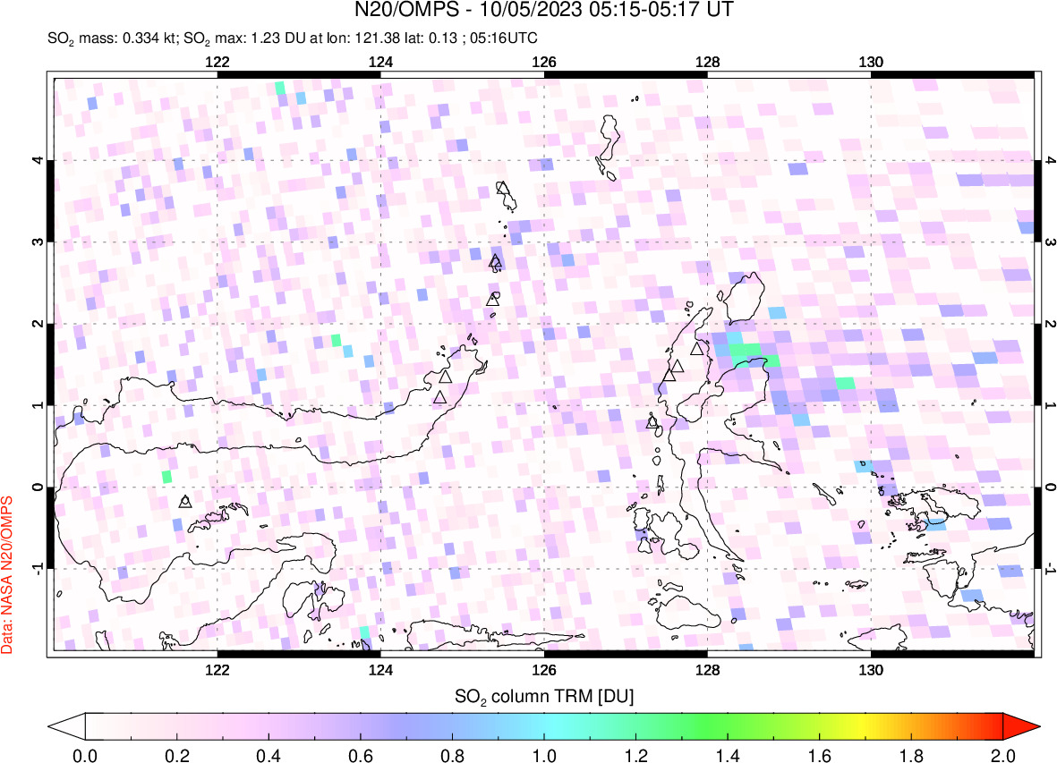 A sulfur dioxide image over Northern Sulawesi & Halmahera, Indonesia on Oct 05, 2023.