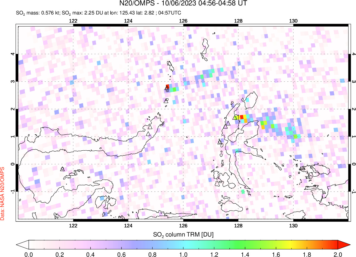 A sulfur dioxide image over Northern Sulawesi & Halmahera, Indonesia on Oct 06, 2023.