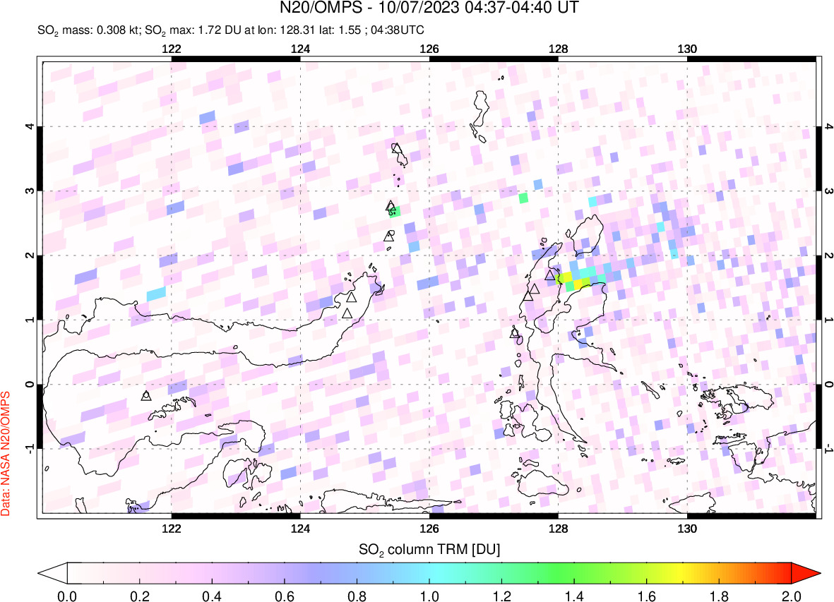 A sulfur dioxide image over Northern Sulawesi & Halmahera, Indonesia on Oct 07, 2023.