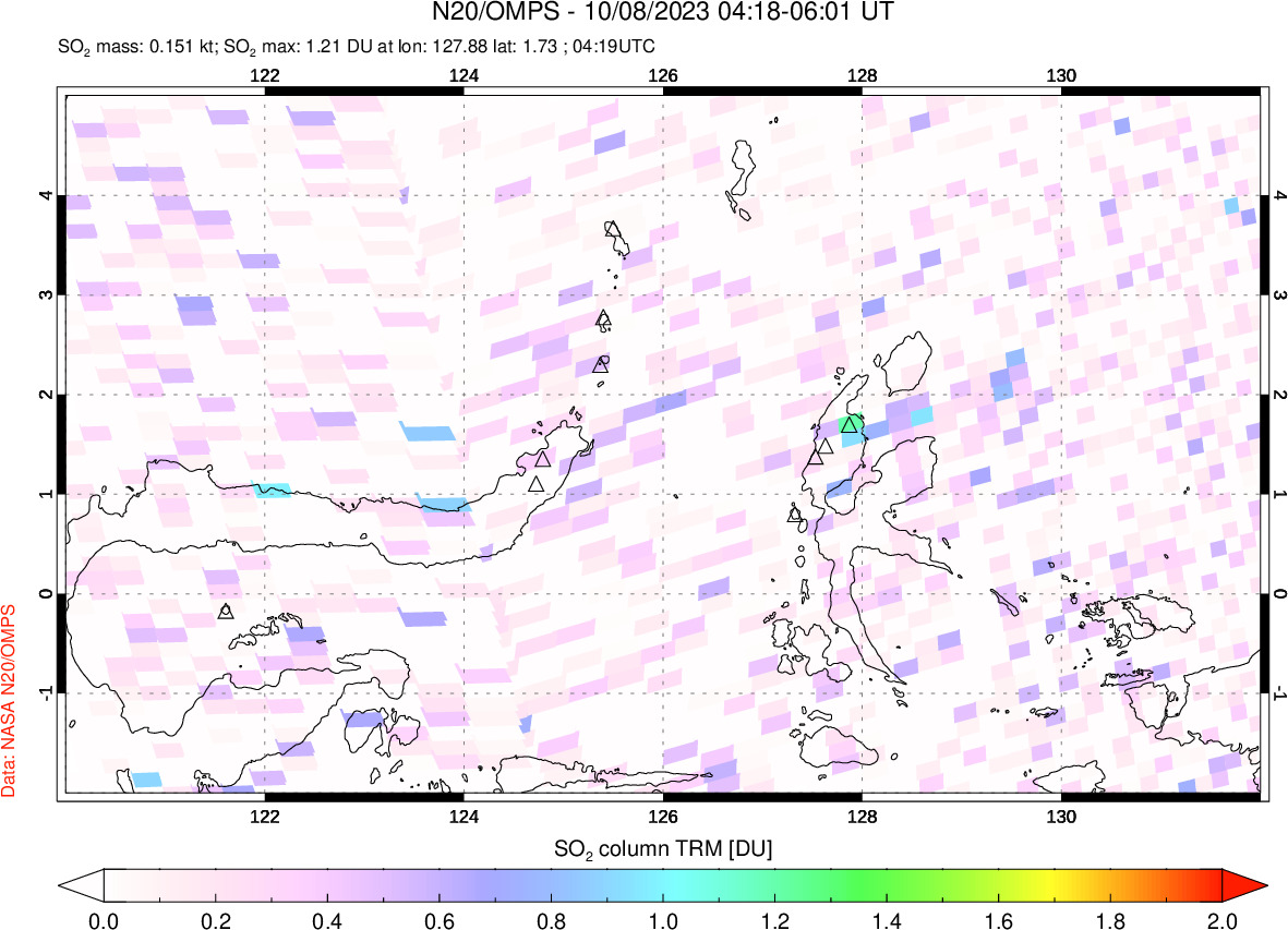 A sulfur dioxide image over Northern Sulawesi & Halmahera, Indonesia on Oct 08, 2023.