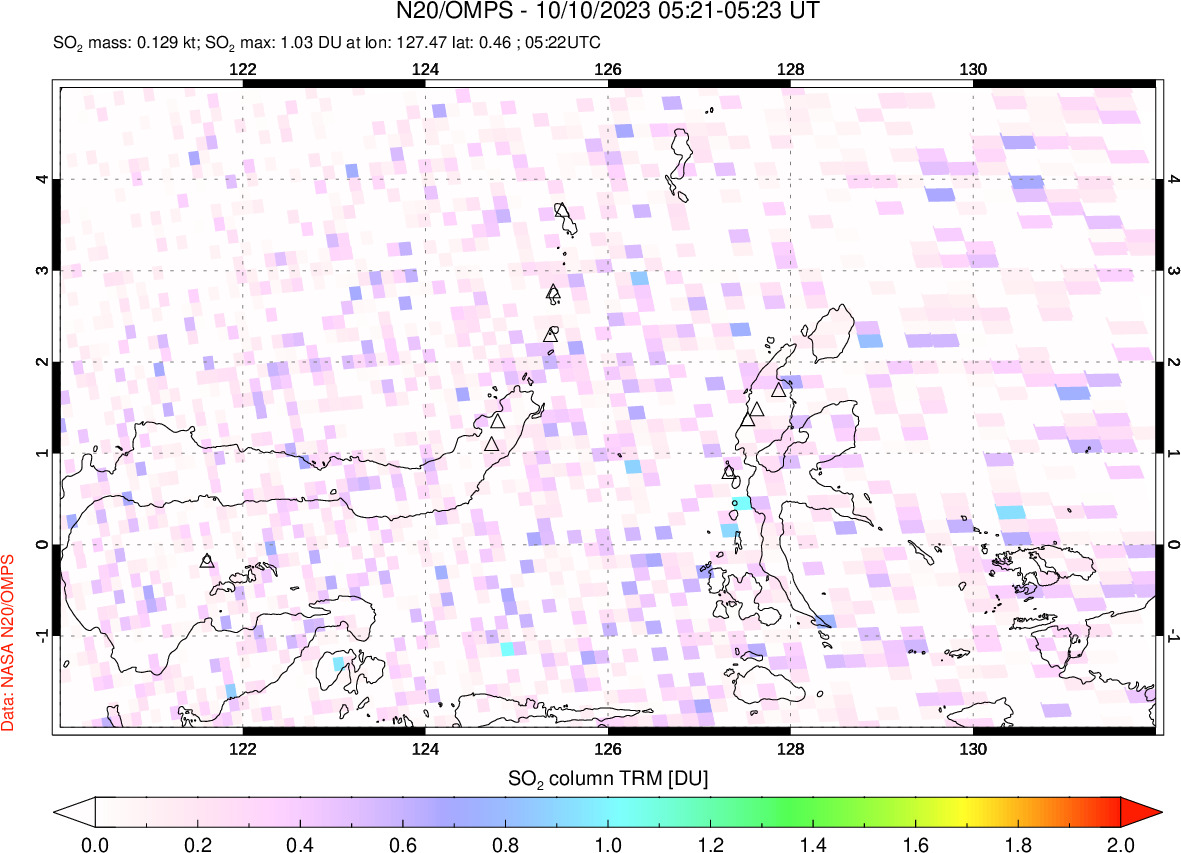 A sulfur dioxide image over Northern Sulawesi & Halmahera, Indonesia on Oct 10, 2023.