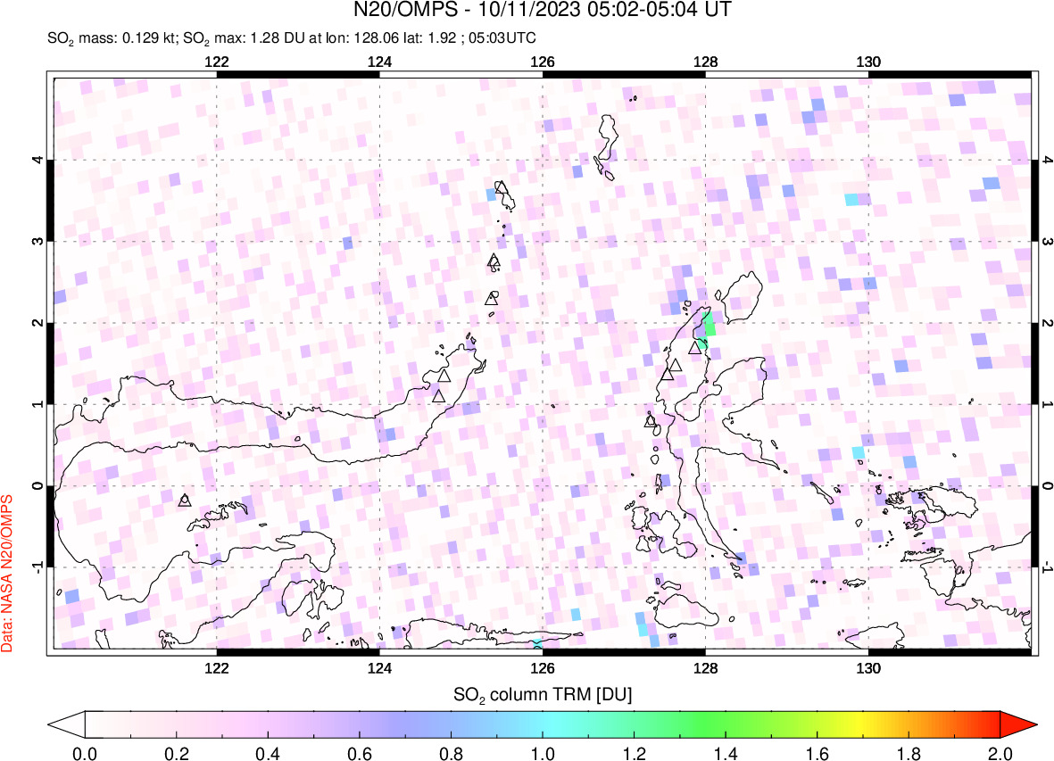 A sulfur dioxide image over Northern Sulawesi & Halmahera, Indonesia on Oct 11, 2023.