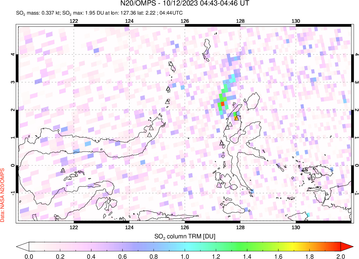 A sulfur dioxide image over Northern Sulawesi & Halmahera, Indonesia on Oct 12, 2023.