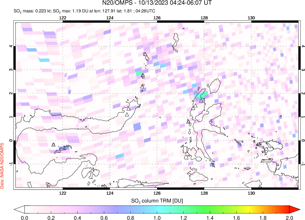 A sulfur dioxide image over Northern Sulawesi & Halmahera, Indonesia on Oct 13, 2023.