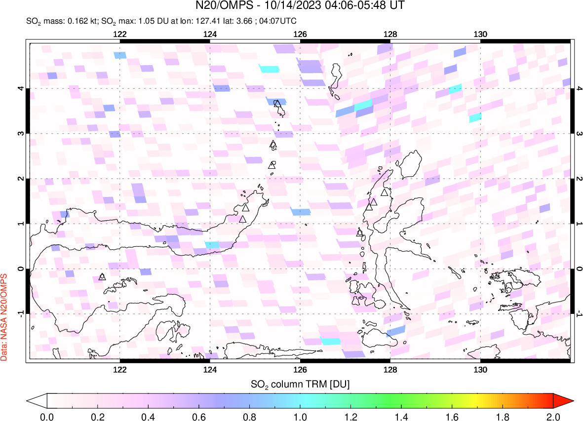 A sulfur dioxide image over Northern Sulawesi & Halmahera, Indonesia on Oct 14, 2023.