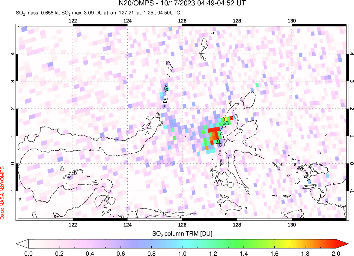 A sulfur dioxide image over Northern Sulawesi & Halmahera, Indonesia on Oct 17, 2023.