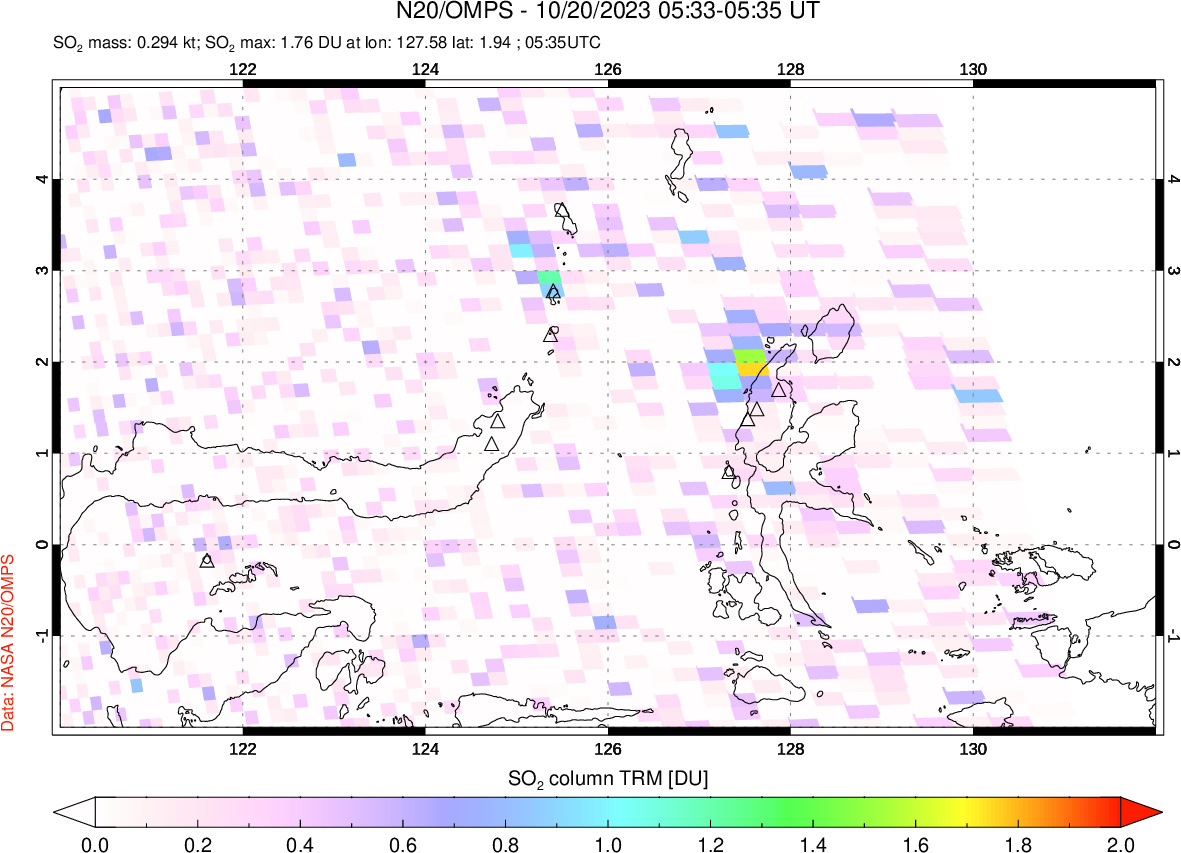 A sulfur dioxide image over Northern Sulawesi & Halmahera, Indonesia on Oct 20, 2023.