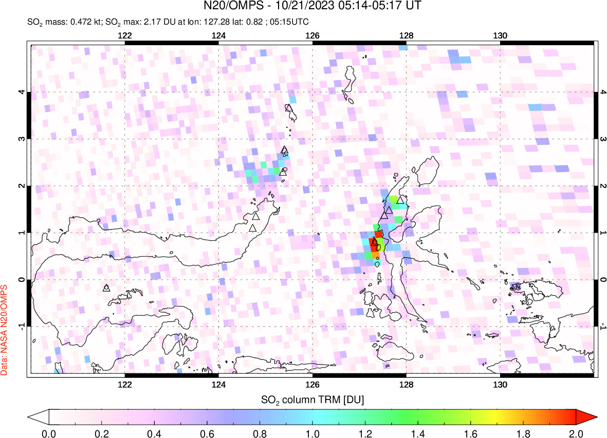 A sulfur dioxide image over Northern Sulawesi & Halmahera, Indonesia on Oct 21, 2023.