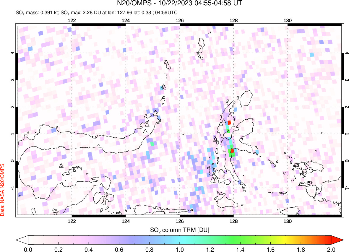 A sulfur dioxide image over Northern Sulawesi & Halmahera, Indonesia on Oct 22, 2023.