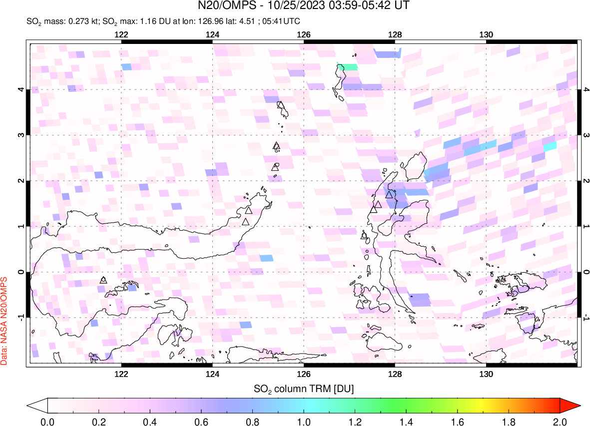 A sulfur dioxide image over Northern Sulawesi & Halmahera, Indonesia on Oct 25, 2023.