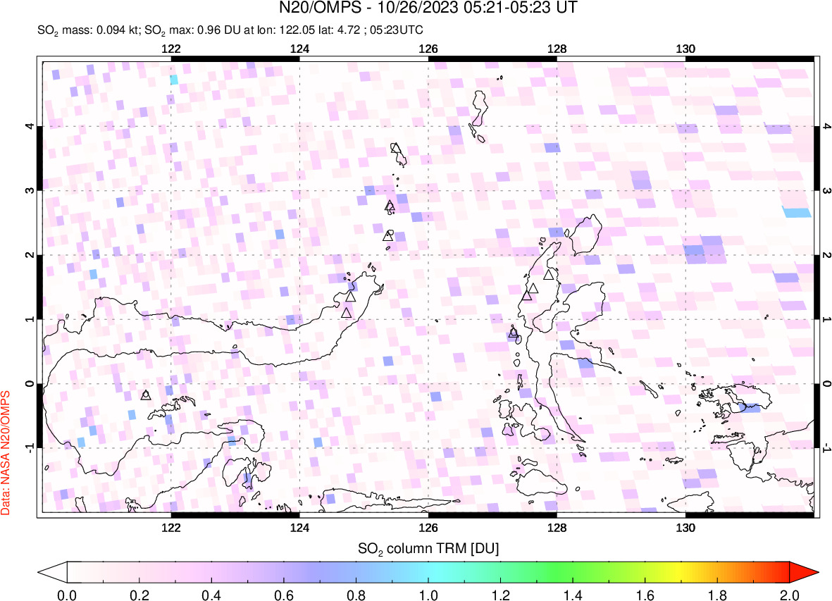 A sulfur dioxide image over Northern Sulawesi & Halmahera, Indonesia on Oct 26, 2023.