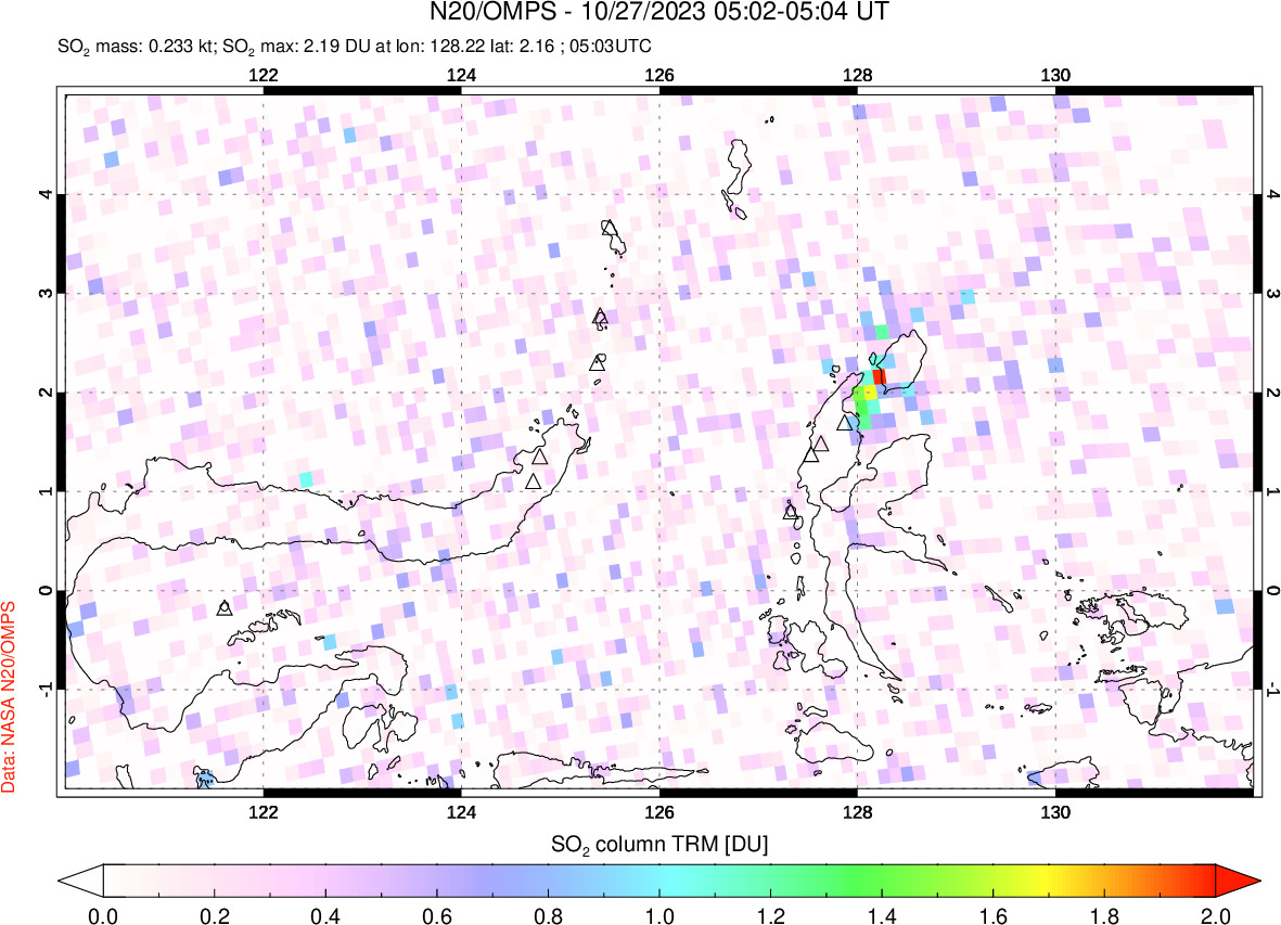 A sulfur dioxide image over Northern Sulawesi & Halmahera, Indonesia on Oct 27, 2023.