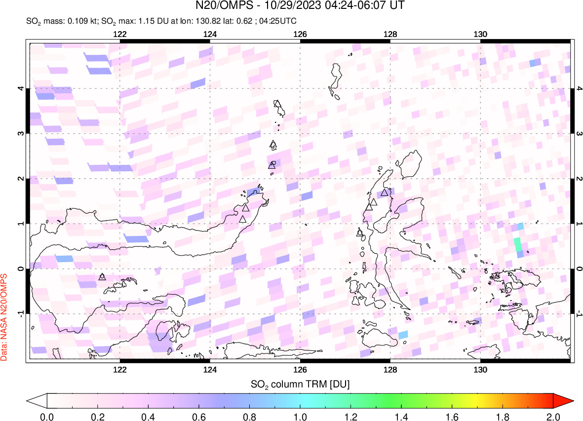 A sulfur dioxide image over Northern Sulawesi & Halmahera, Indonesia on Oct 29, 2023.