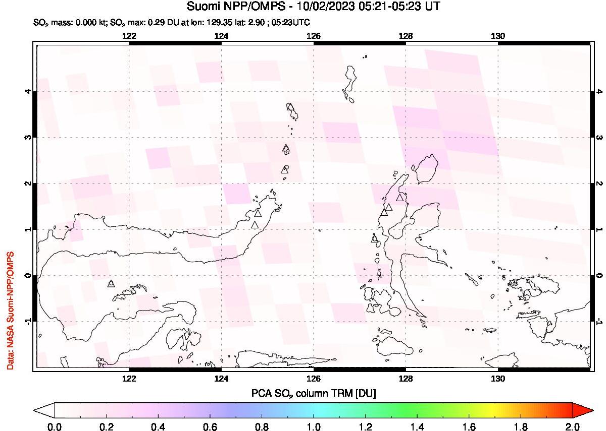 A sulfur dioxide image over Northern Sulawesi & Halmahera, Indonesia on Oct 02, 2023.