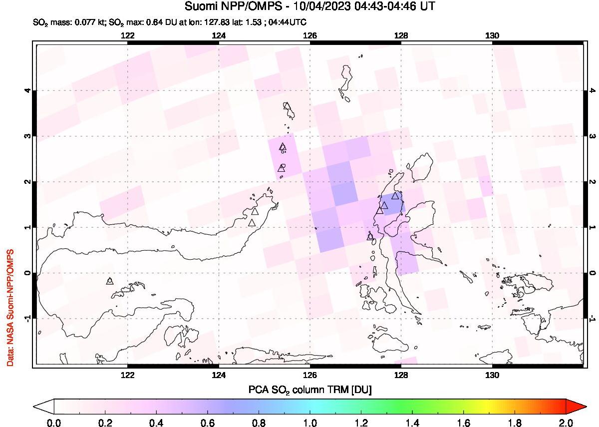 A sulfur dioxide image over Northern Sulawesi & Halmahera, Indonesia on Oct 04, 2023.