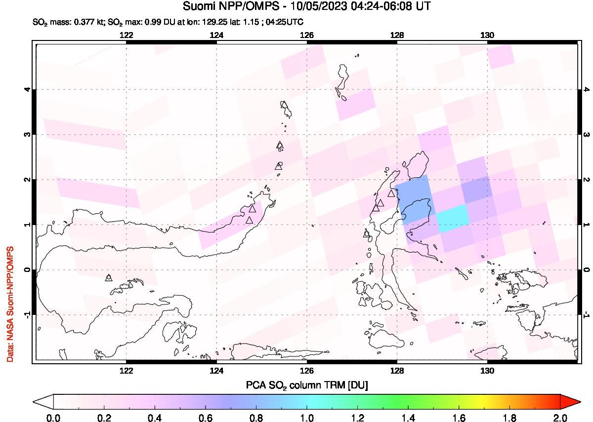 A sulfur dioxide image over Northern Sulawesi & Halmahera, Indonesia on Oct 05, 2023.